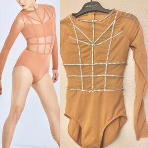WEISSMAN solo custom rhinestone Dance Costume tan caged leotard MT10574 MC